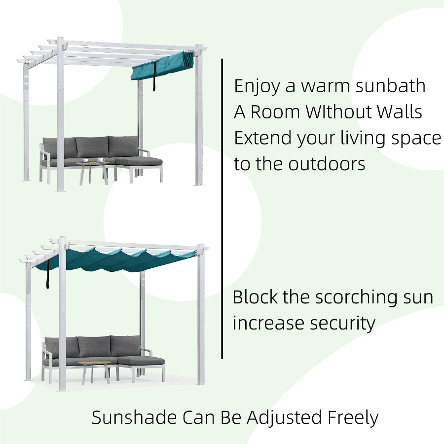 PURPLE LEAF Outdoor Retractable Pergola with Sun Shade Canopy Cover White Patio Metal Shelter for Garden With Lights
