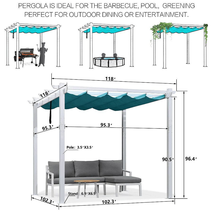 PURPLE LEAF Outdoor Retractable Pergola with Sun Shade Canopy Cover White Patio Metal Shelter for Garden With Lights