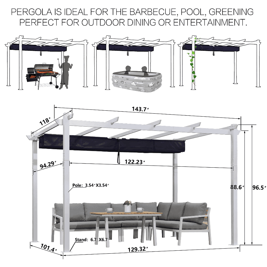 PURPLE LEAF Outdoor Retractable Pergola with Sun Shade Canopy Cover White Patio Metal Shelter for Garden With Lights