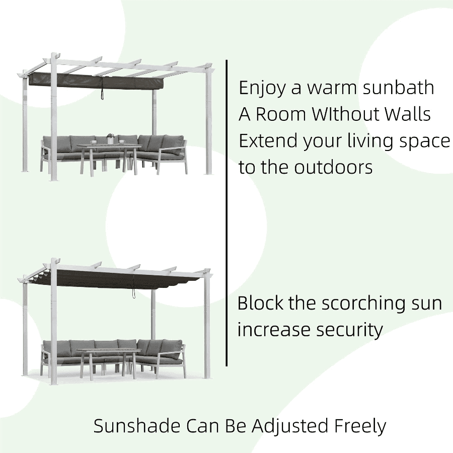 PURPLE LEAF Outdoor Retractable Pergola with Sun Shade Canopy Cover White Patio Metal Shelter for Garden With Lights
