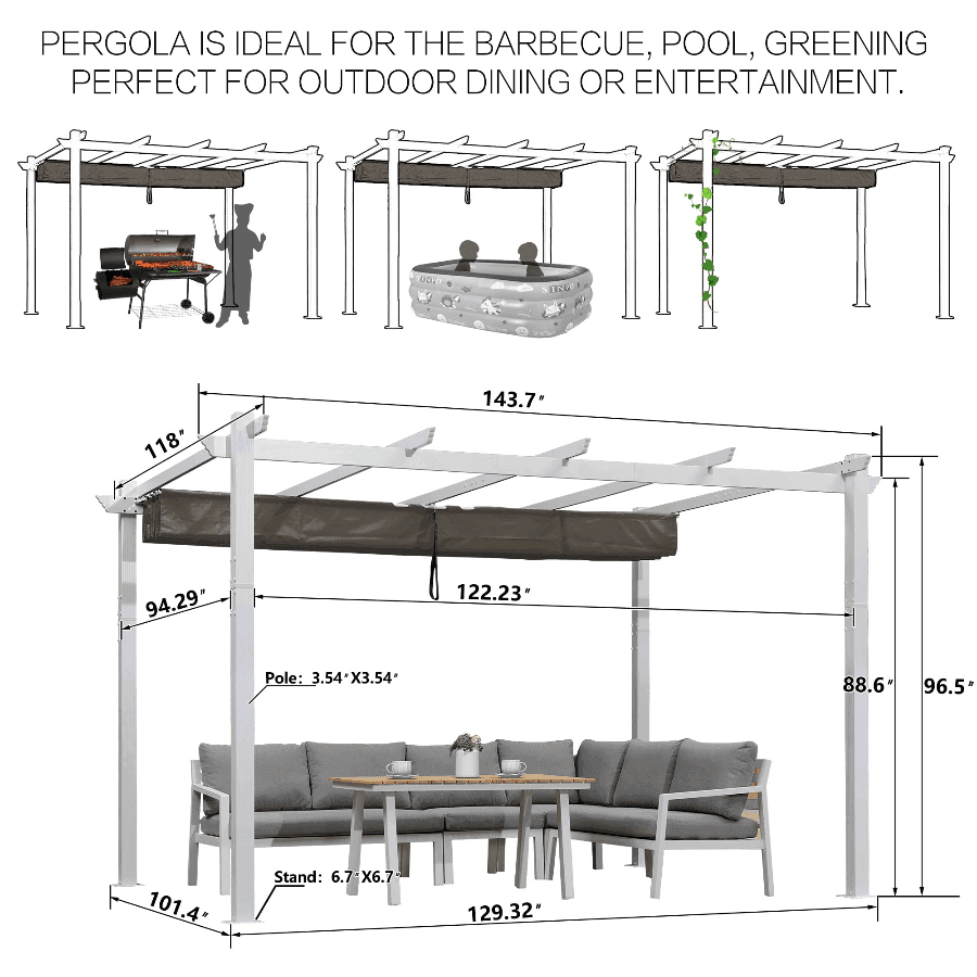 PURPLE LEAF Outdoor Retractable Pergola with Sun Shade Canopy Cover White Patio Metal Shelter for Garden With Lights