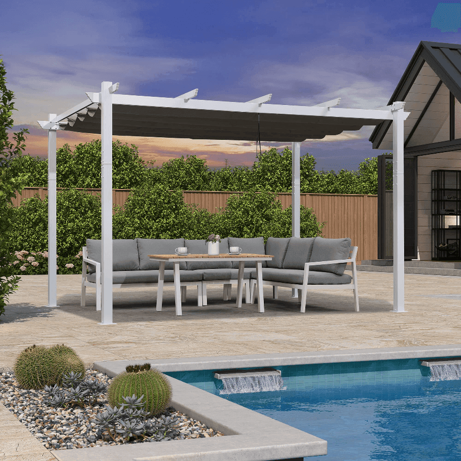 PURPLE LEAF Outdoor Retractable Pergola with Sun Shade Canopy Cover White Patio Metal Shelter for Garden With Lights