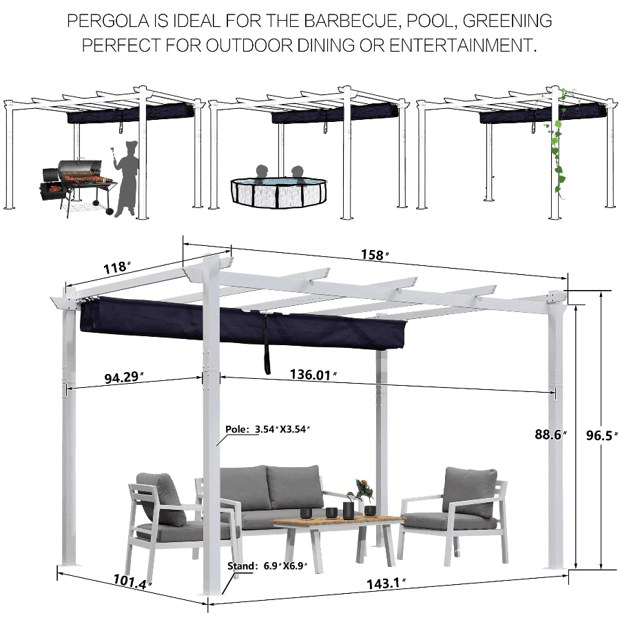 PURPLE LEAF Outdoor Retractable Pergola with Sun Shade Canopy Cover White Patio Metal Shelter for Garden With Lights