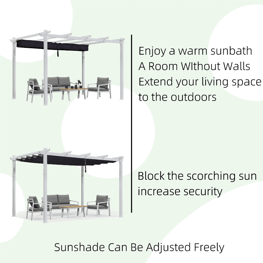 PURPLE LEAF Outdoor Retractable Pergola with Sun Shade Canopy Cover White Patio Metal Shelter for Garden With Lights