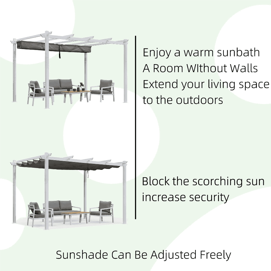 PURPLE LEAF Outdoor Retractable Pergola with Sun Shade Canopy Cover White Patio Metal Shelter for Garden With Lights
