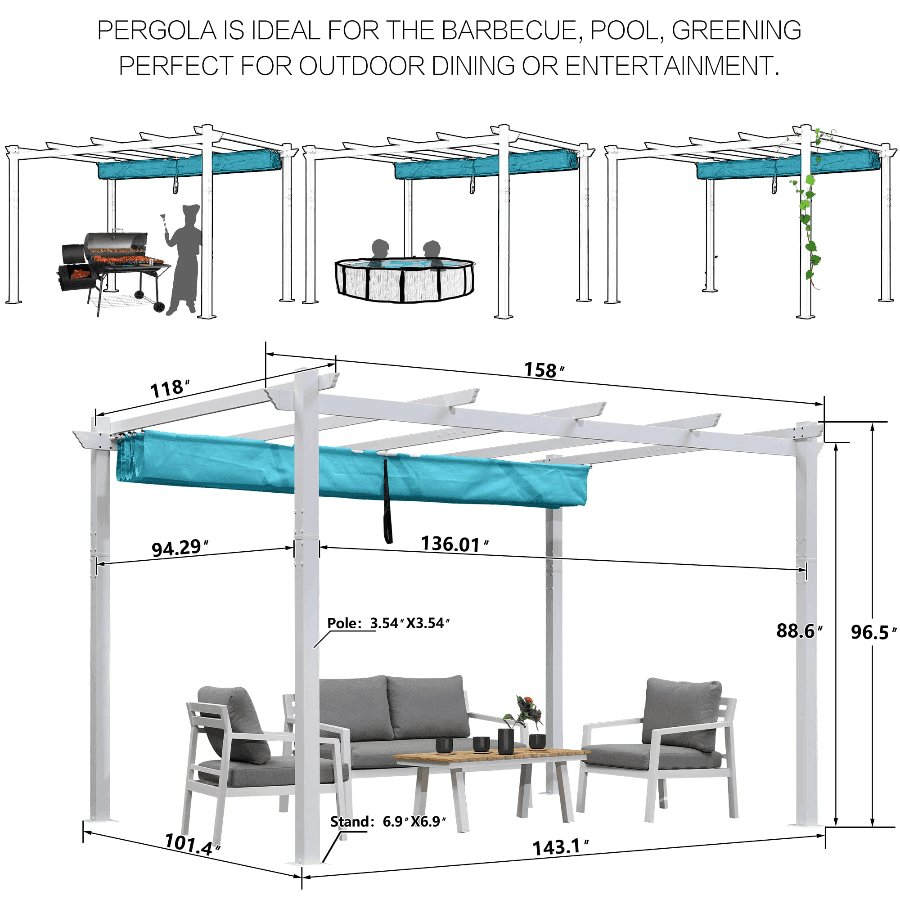 PURPLE LEAF Outdoor Retractable Pergola with Sun Shade Canopy Cover White Patio Metal Shelter for Garden With Lights