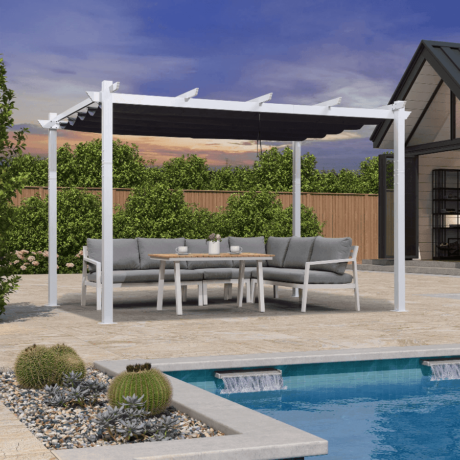 PURPLE LEAF Outdoor Retractable Pergola with Sun Shade Canopy Cover White Patio Metal Shelter for Garden With Lights