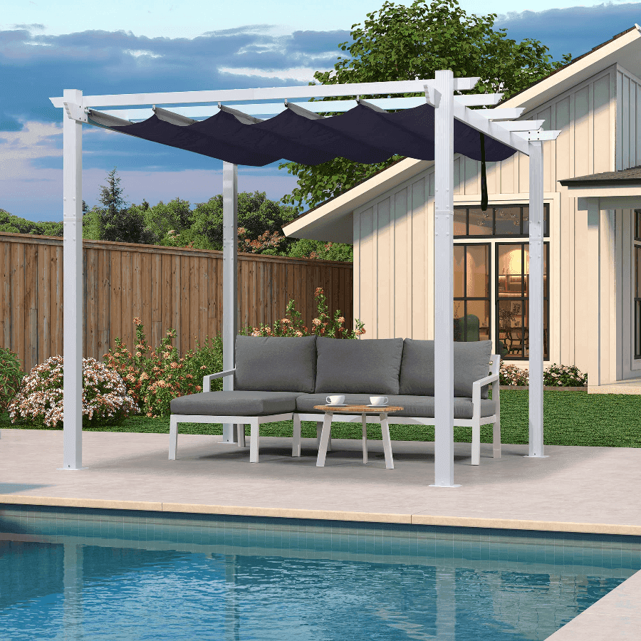 PURPLE LEAF Outdoor Retractable Pergola with Sun Shade Canopy Cover White Patio Metal Shelter for Garden With Lights