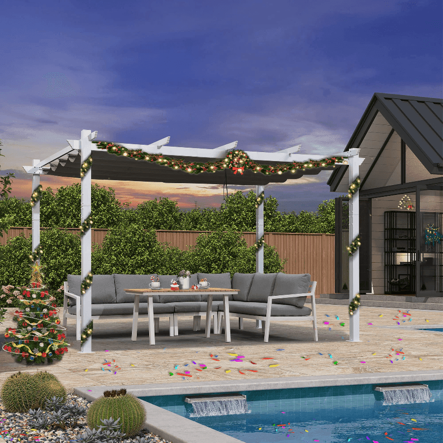 PURPLE LEAF Outdoor Retractable Pergola with Sun Shade Canopy Cover White Patio Metal Shelter for Garden With Lights