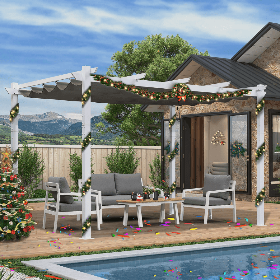 PURPLE LEAF Outdoor Retractable Pergola with Sun Shade Canopy Cover White Patio Metal Shelter for Garden With Lights