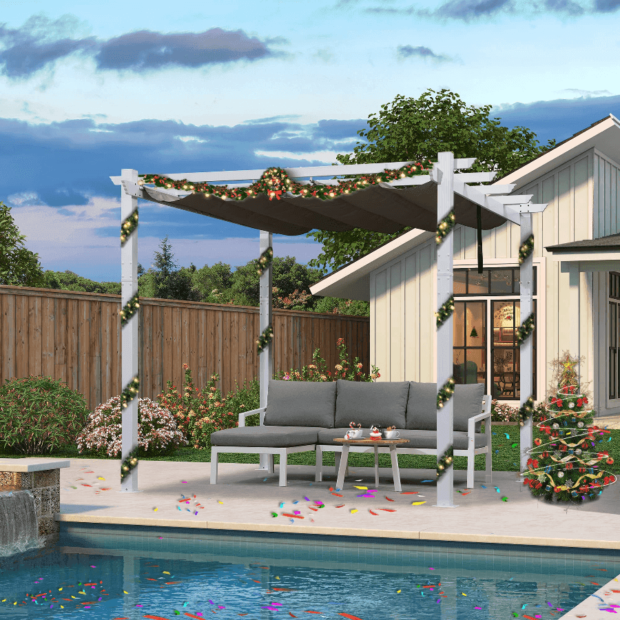 PURPLE LEAF Outdoor Retractable Pergola with Sun Shade Canopy Cover White Patio Metal Shelter for Garden With Lights