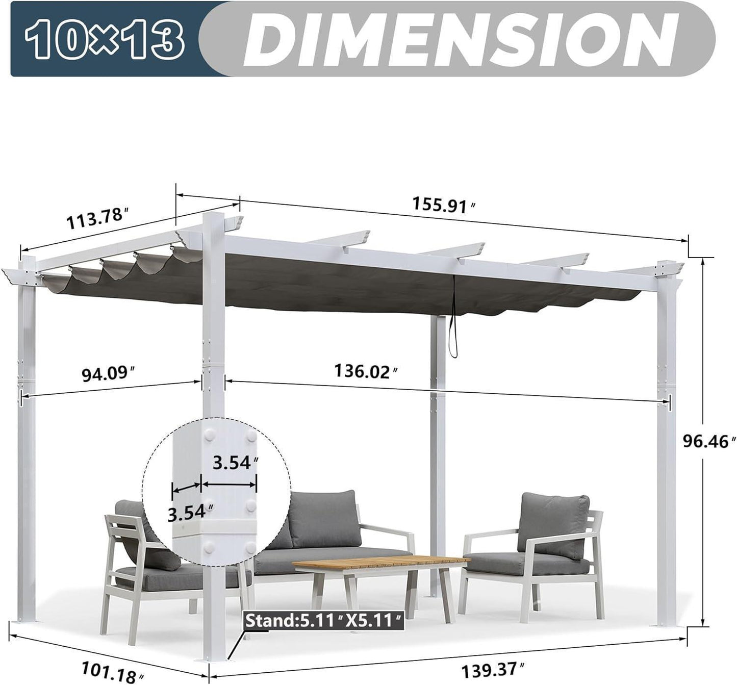 PURPLE LEAF Outdoor Retractable Pergola with Sun Shade Canopy Cover White Patio Metal Shelter for Garden With Lights