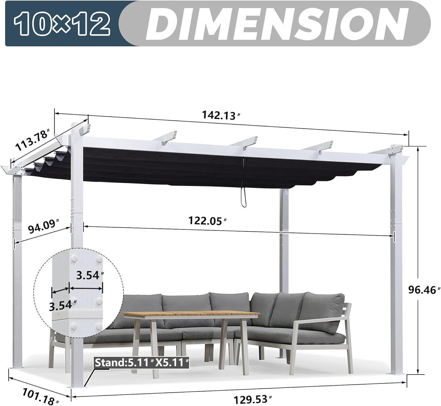 PURPLE LEAF Outdoor Retractable Pergola with Sun Shade Canopy Cover White Patio Metal Shelter for Garden With Lights