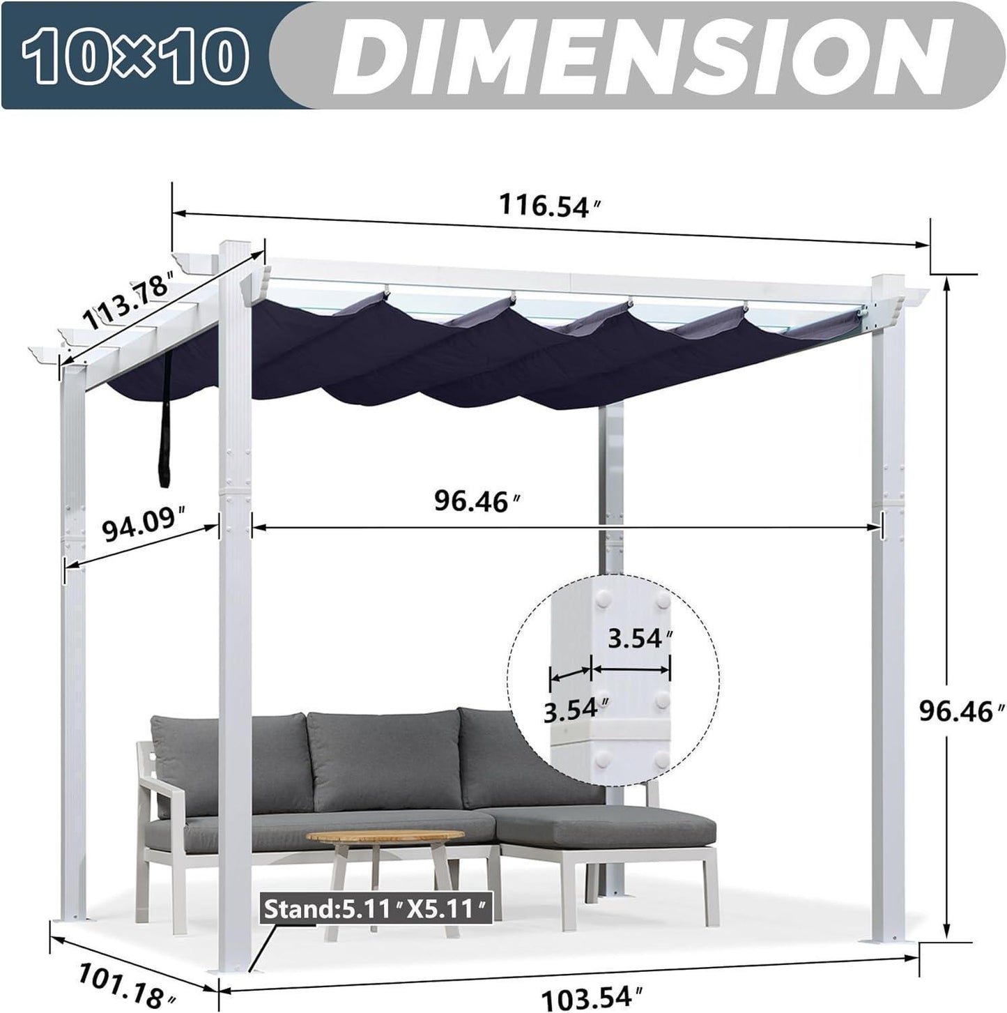PURPLE LEAF Outdoor Retractable Pergola with Sun Shade Canopy Cover White Patio Metal Shelter for Garden With Lights
