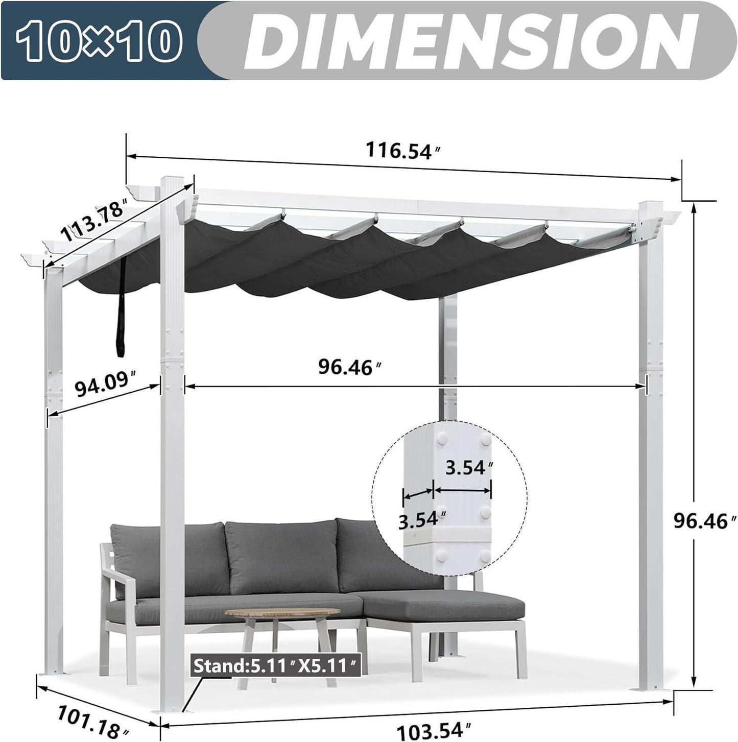 PURPLE LEAF Outdoor Retractable Pergola with Sun Shade Canopy Cover White Patio Metal Shelter for Garden With Lights