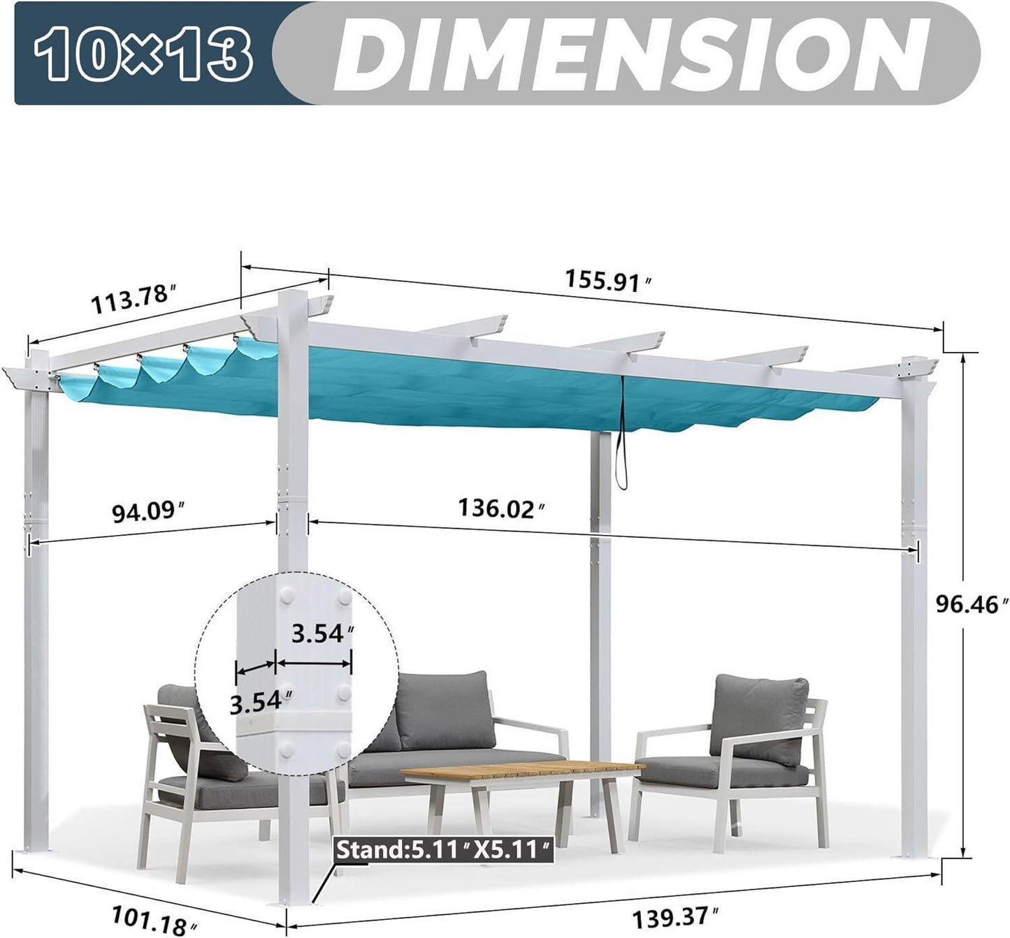 PURPLE LEAF Outdoor Retractable Pergola with Sun Shade Canopy Cover White Patio Metal Shelter for Garden With Lights