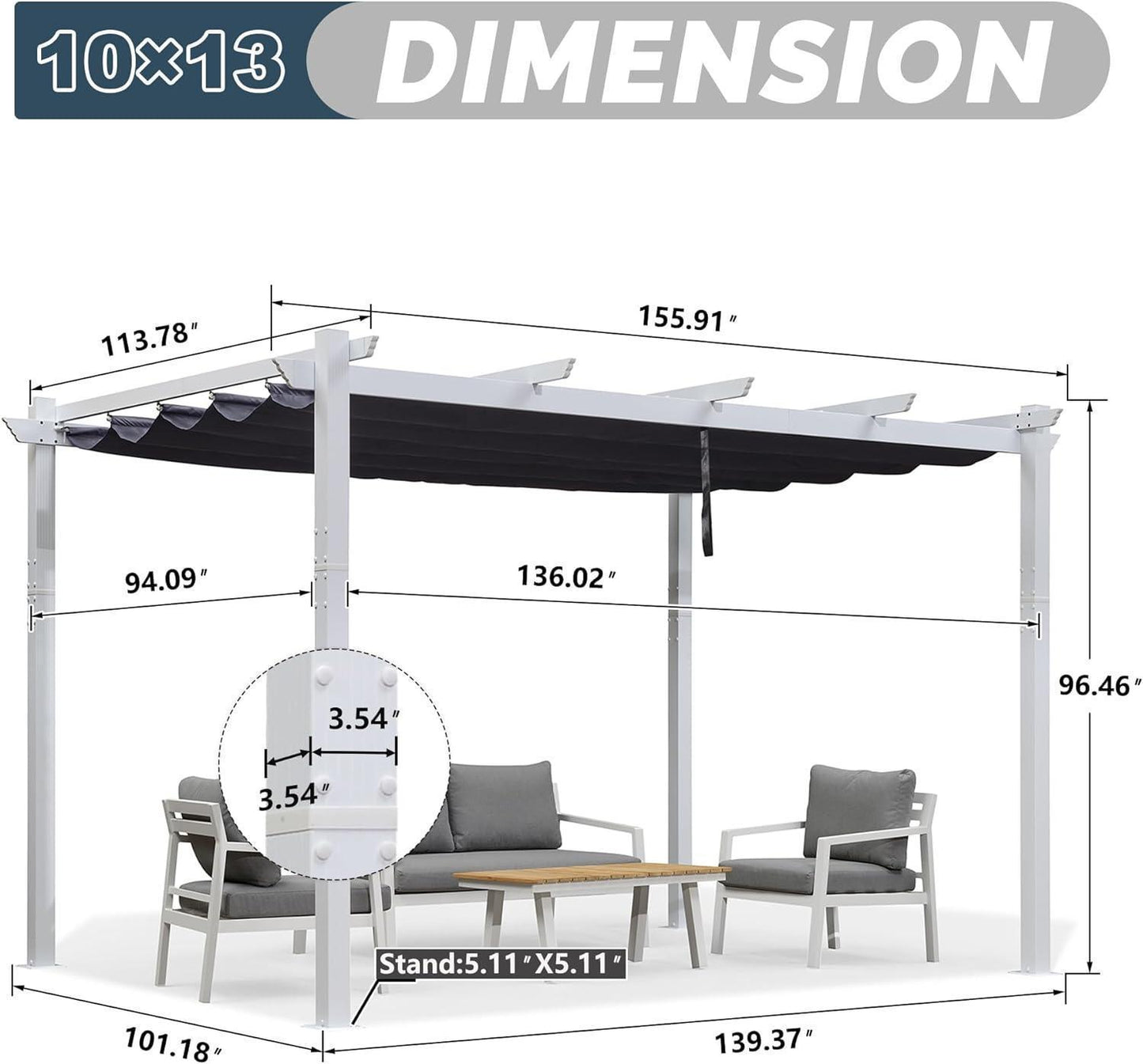 PURPLE LEAF Outdoor Retractable Pergola with Sun Shade Canopy Cover White Patio Metal Shelter for Garden With Lights