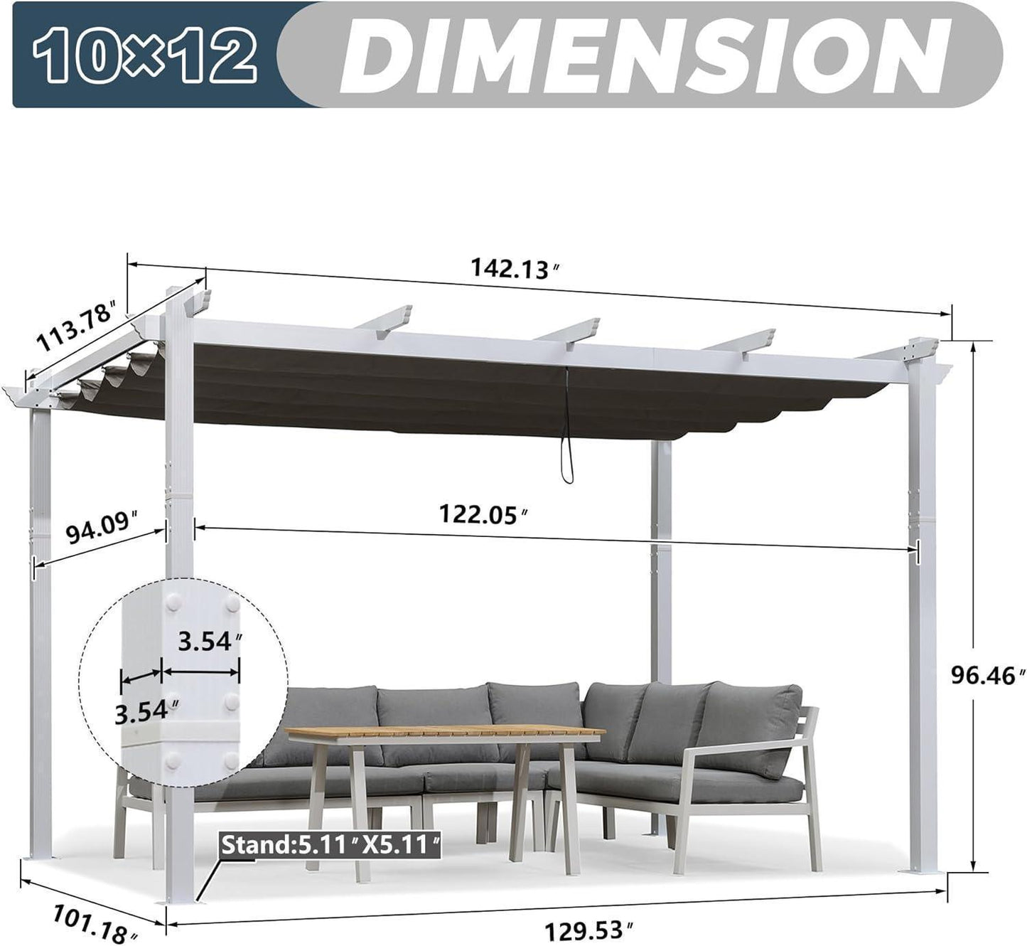 PURPLE LEAF Outdoor Retractable Pergola with Sun Shade Canopy Cover White Patio Metal Shelter for Garden With Lights