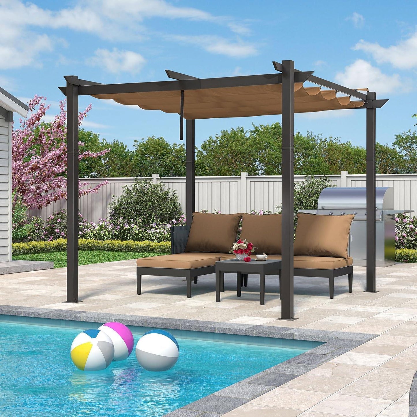 PURPLE LEAF Outdoor Retractable Pergola with Sun Shade Canopy Patio Aluminum Pergola With Lights