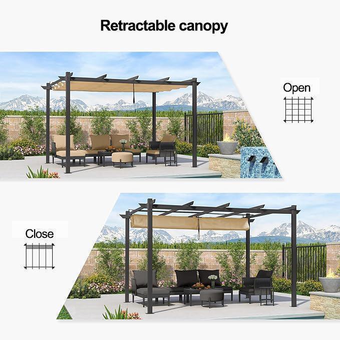 PURPLE LEAF Outdoor Retractable Pergola with Sun Shade Canopy Patio Aluminum Pergola With Lights