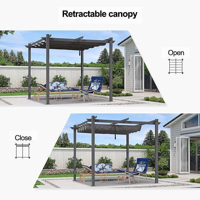 PURPLE LEAF Outdoor Retractable Pergola with Sun Shade Canopy Patio Aluminum Pergola With Lights