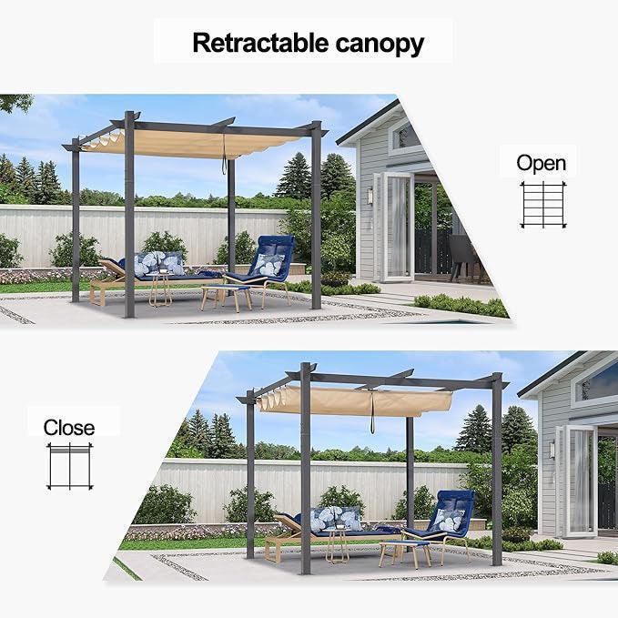 PURPLE LEAF Outdoor Retractable Pergola with Sun Shade Canopy Patio Aluminum Pergola With Lights