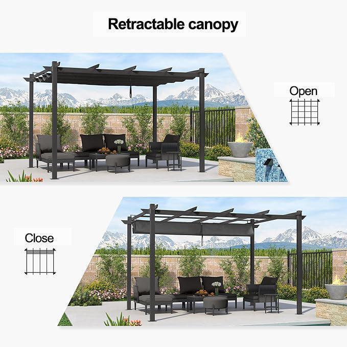 PURPLE LEAF Outdoor Retractable Pergola with Sun Shade Canopy Patio Aluminum Pergola With Lights
