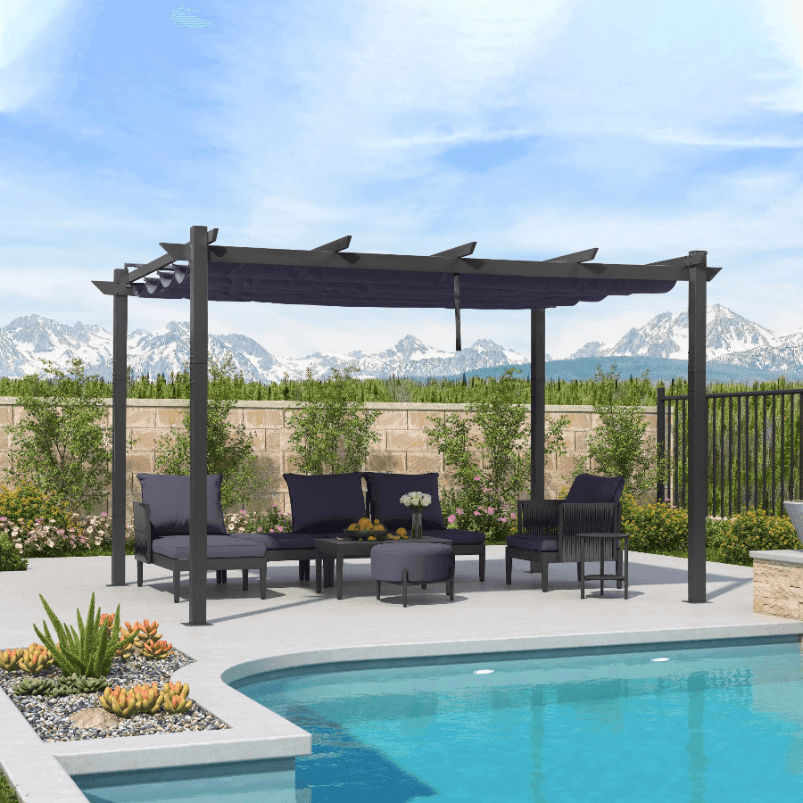 Outdoor Retractable Aluminum Pergola with Sun Shade Canopy-Purple Leaf Garden
