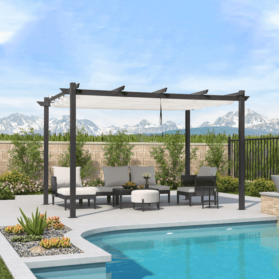 Outdoor Retractable Aluminum Pergola with Sun Shade Canopy-Purple Leaf Garden