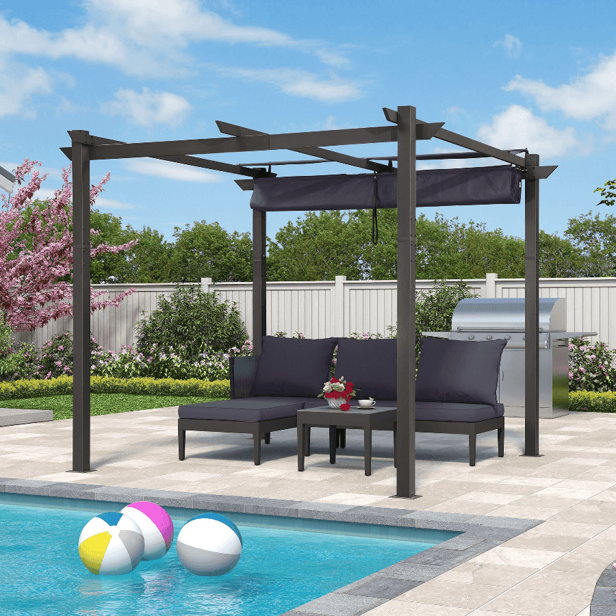 Outdoor Retractable Aluminum Pergola with Sun Shade Canopy-Purple Leaf Garden