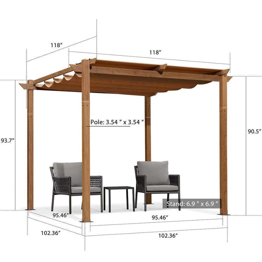 PURPLE LEAF Outdoor Retractable Pergola with Sun Shade Canopy In Natural Wood Grain Frame With Lights