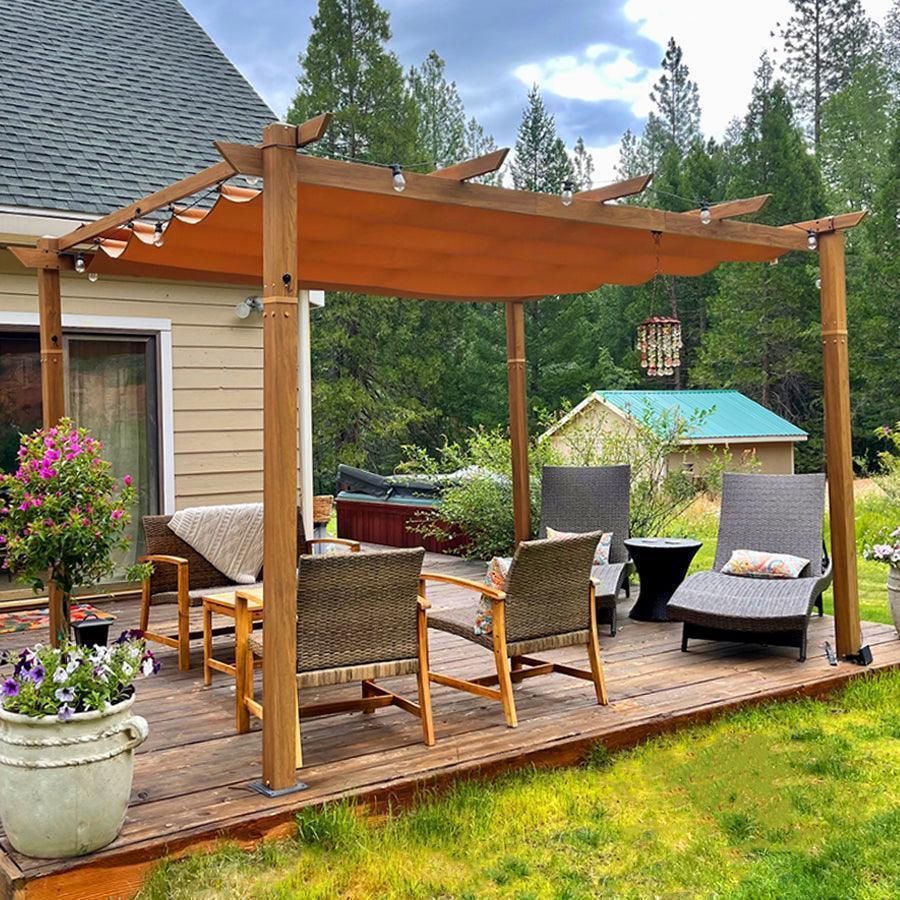 PURPLE LEAF Outdoor Retractable Pergola with Sun Shade Canopy In Natural Wood Grain Frame With Lights