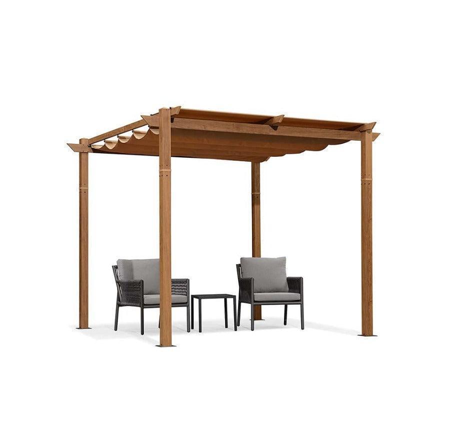 PURPLE LEAF Outdoor Retractable Pergola with Sun Shade Canopy In Natural Wood Grain Frame With Lights