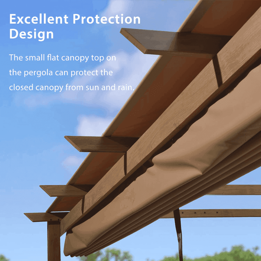 PURPLE LEAF Outdoor Retractable Pergola with Sun Shade Canopy In Natural Wood Grain Frame With Lights
