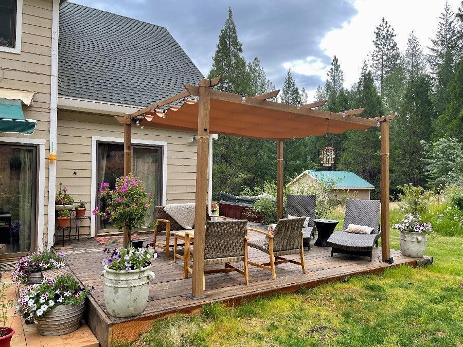 PURPLE LEAF Outdoor Retractable Pergola with Sun Shade Canopy In Natural Wood Grain Frame With Lights