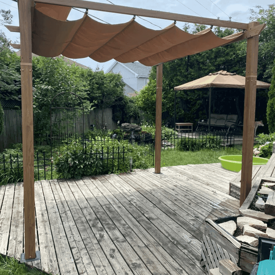 PURPLE LEAF Outdoor Retractable Pergola with Sun Shade Canopy In Natural Wood Grain Frame With Lights