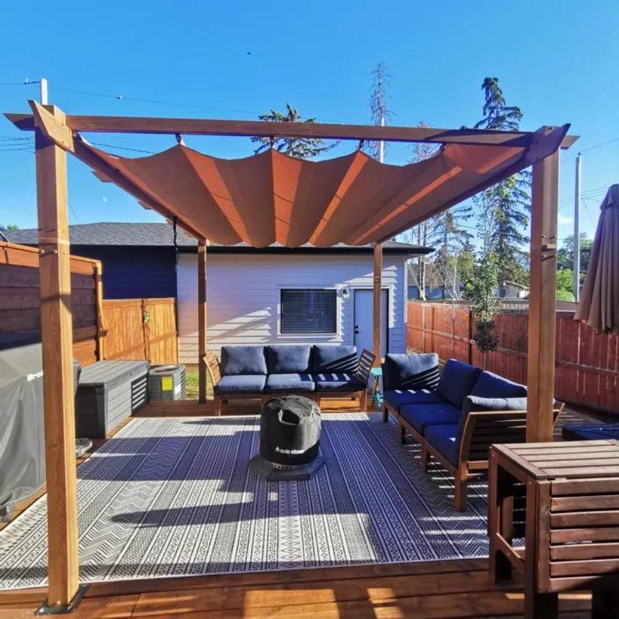 PURPLE LEAF Outdoor Retractable Pergola with Sun Shade Canopy In Natural Wood Grain Frame With Lights