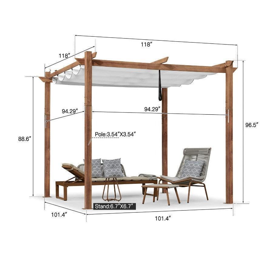 PURPLE LEAF Outdoor Retractable Pergola with Sun Shade Canopy In Natural Wood Grain Frame With Lights