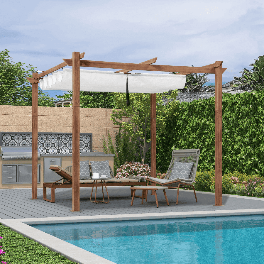 Outdoor Retractable Metal Pergola with Sun Shade Canopy-Purple Leaf Garden