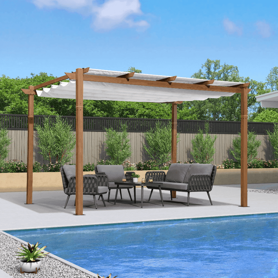 Outdoor Retractable Metal Pergola with Sun Shade Canopy-Purple Leaf Garden