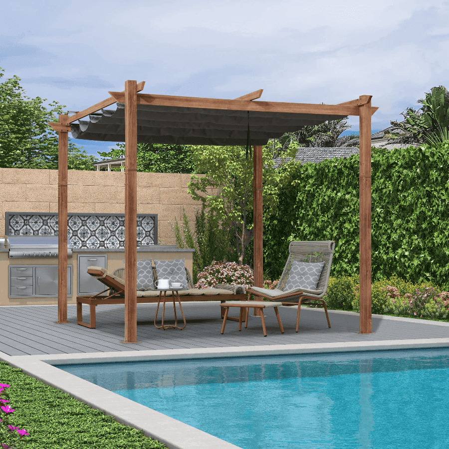 Outdoor Retractable Metal Pergola with Sun Shade Canopy-Purple Leaf Garden