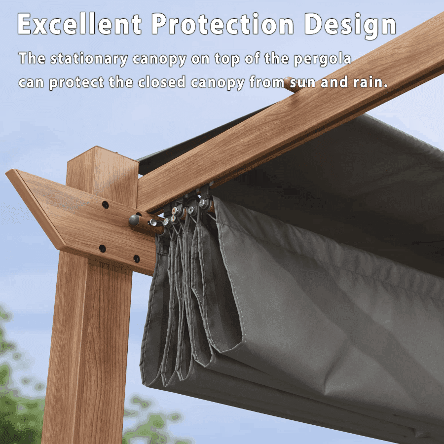 PURPLE LEAF Outdoor Retractable Pergola with Sun Shade Canopy In Natural Wood Grain Frame With Lights