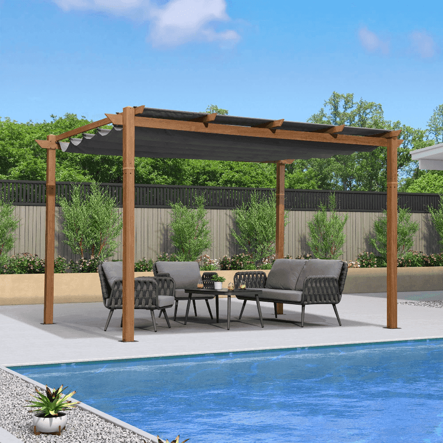 Outdoor Retractable Metal Pergola with Sun Shade Canopy-Purple Leaf Garden