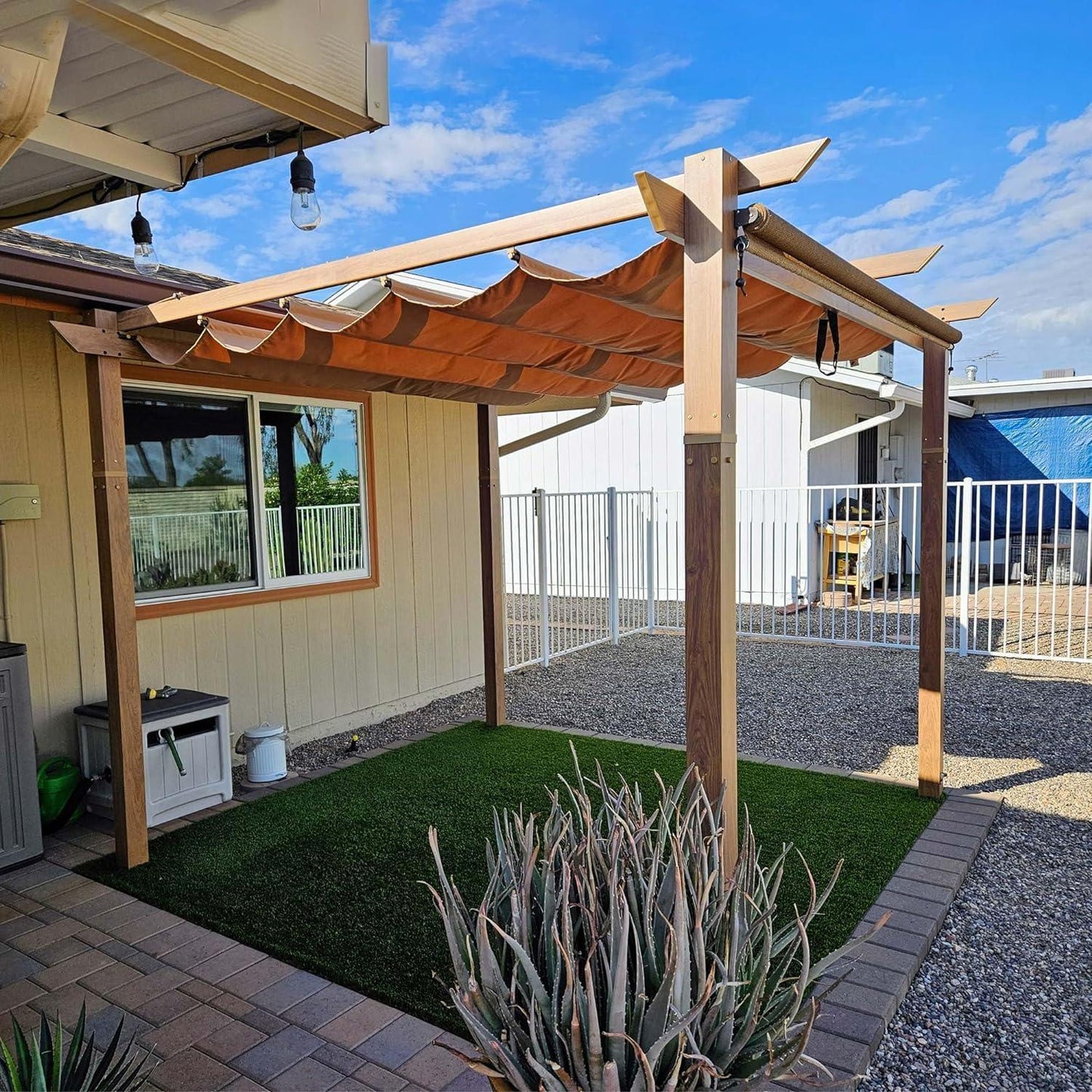 PURPLE LEAF Outdoor Retractable Pergola with Sun Shade Canopy In Natural Wood Grain Frame With Lights