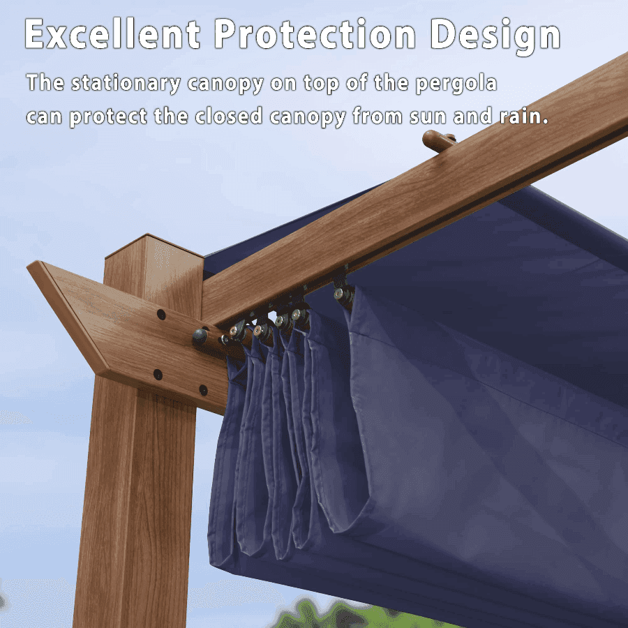 PURPLE LEAF Outdoor Retractable Pergola with Sun Shade Canopy In Natural Wood Grain Frame With Lights