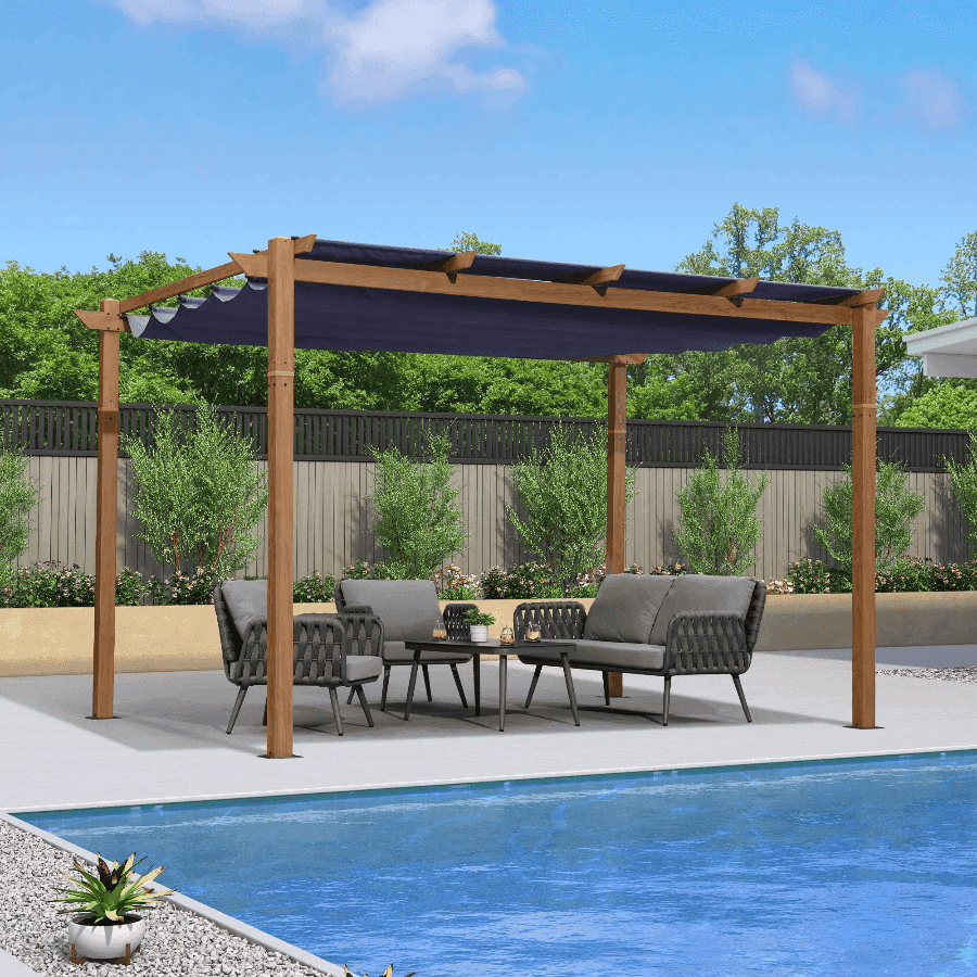 Outdoor Retractable Metal Pergola with Sun Shade Canopy-Purple Leaf Garden