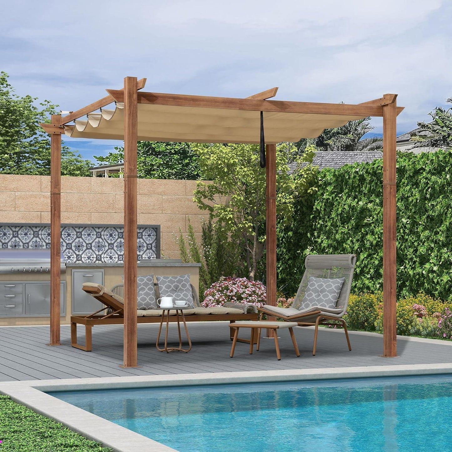 PURPLE LEAF Outdoor Retractable Pergola with Sun Shade Canopy Patio Metal Shelter for Garden Pavilion Natural Wood Grain Frame Grill Gazebo - Purple Leaf Garden