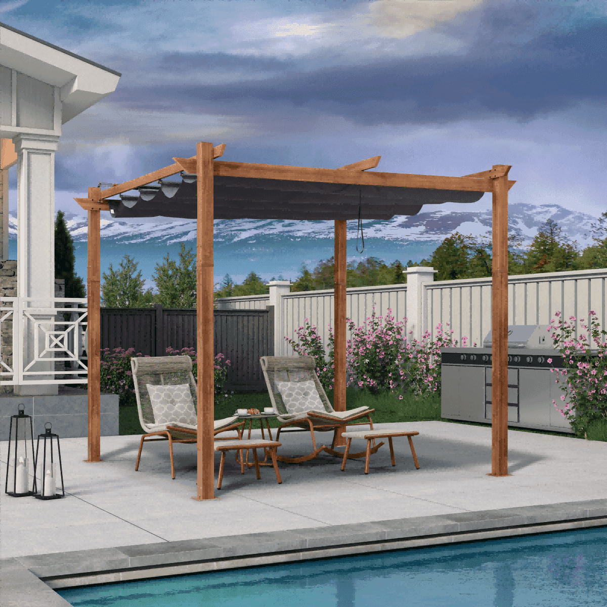 PURPLE LEAF Outdoor Retractable Pergola with Sun Shade Canopy Patio Metal Shelter for Garden Pavilion Natural Wood Grain Frame Grill Gazebo - Purple Leaf Garden