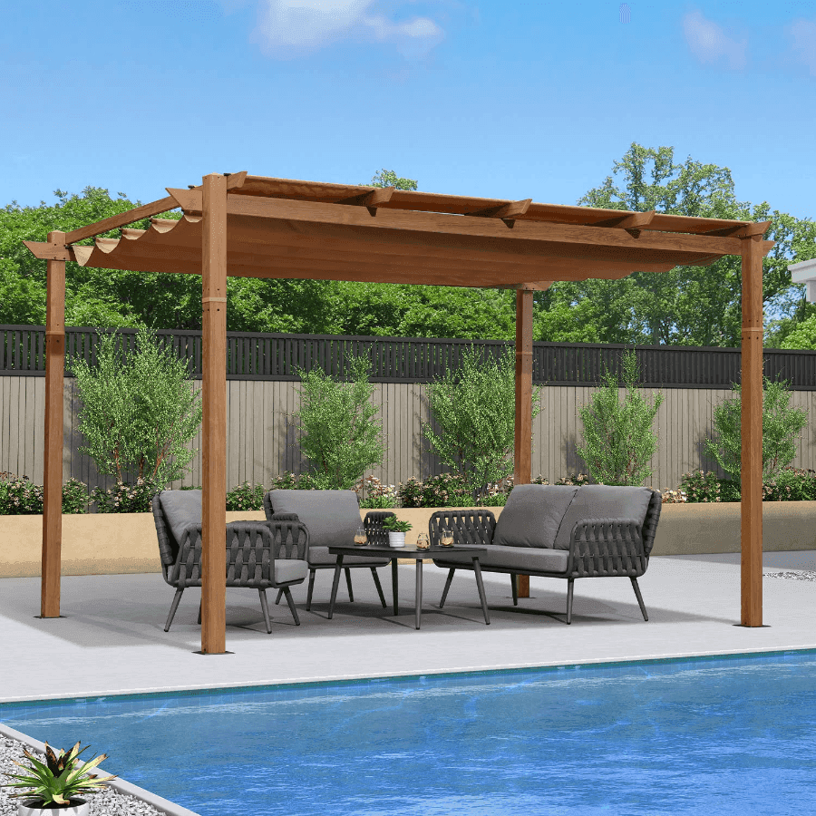 PURPLE LEAF Outdoor Retractable Pergola with Sun Shade Canopy In Natural Wood Grain Frame With Lights