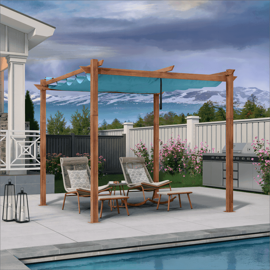 PURPLE LEAF Outdoor Retractable Pergola with Sun Shade Canopy Patio Metal Shelter for Garden Pavilion Natural Wood Grain Frame Grill Gazebo - Purple Leaf Garden